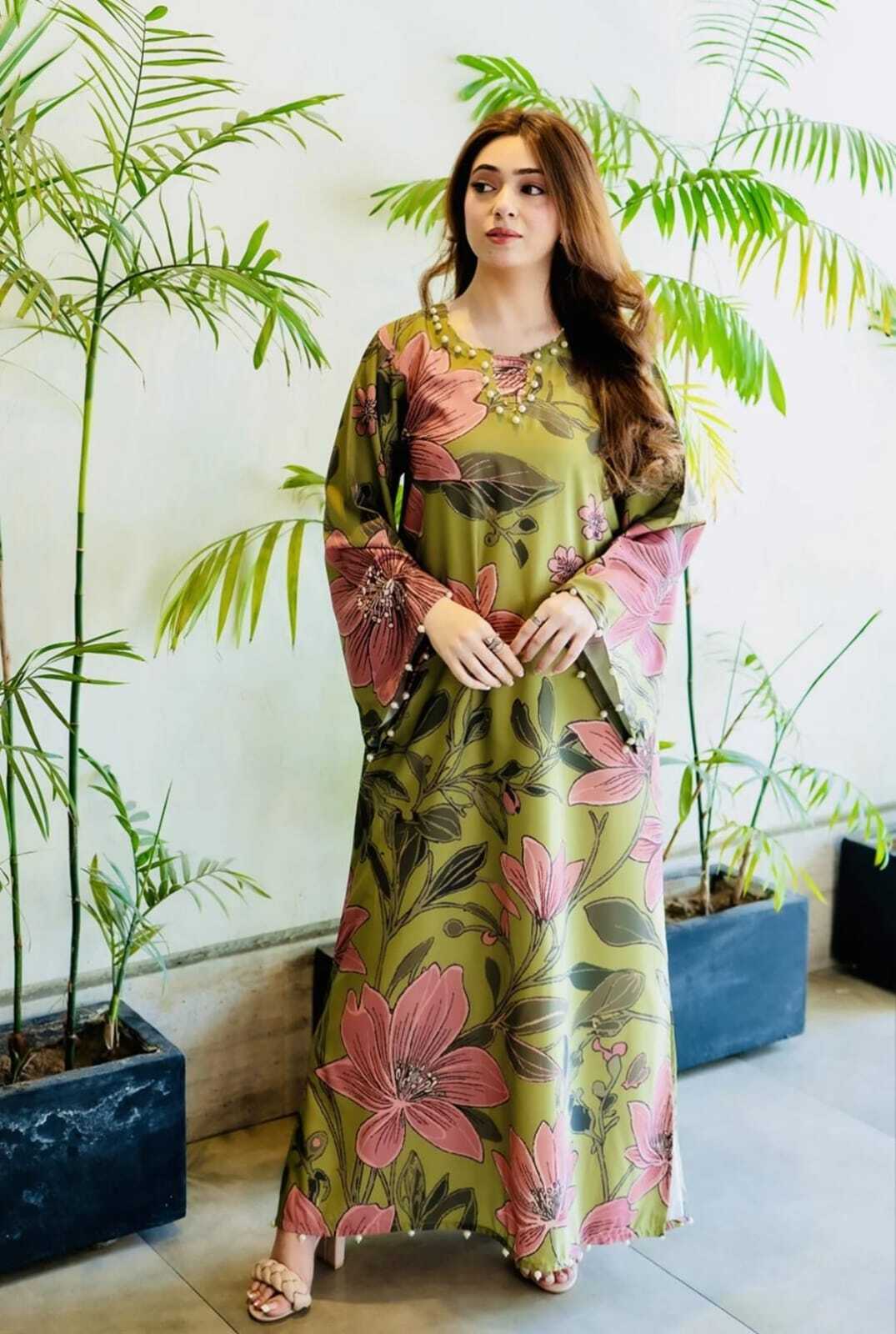 Printed Wrinkle-Free Cotton Silk Kaftan Dress