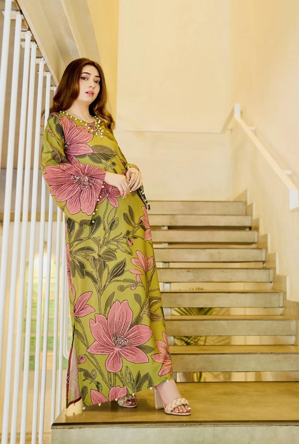 Printed Wrinkle-Free Cotton Silk Kaftan Dress