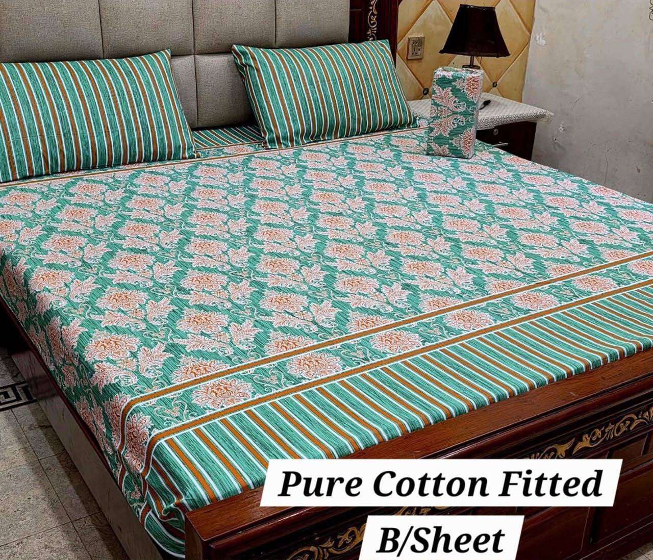 Pure Cotton Elastic Fitted Bedsheet Set – King Size