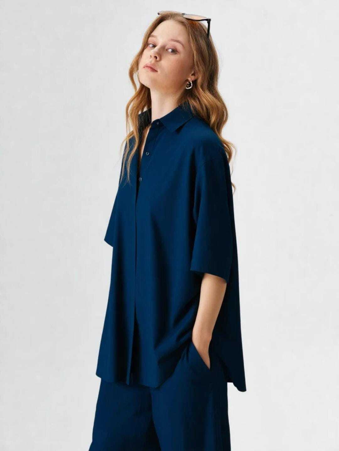 Teal Blue Wrinkle-Free Crepe Co-Ord Set